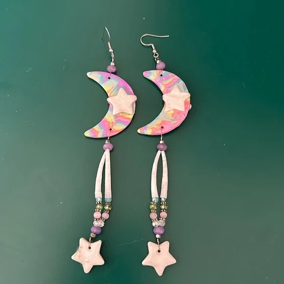 Whimsical star and moon rainbow statement earrings - Picture 1 of 5